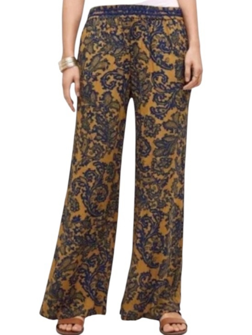 Anthropologie Hei Hey Wide Leg Pants Tan Gold Blue Paisley Floral Size Medium